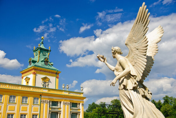 Wilanow palace and angel's monument in the palace garden, Warsaw