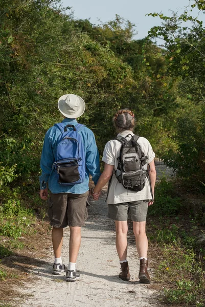 Зрелая пара, держащаяся за руки и путешествующая по природной тропе — стоковое фото