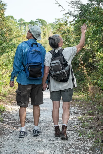 Happy Mature Couple Hiking on Nature Trail Holding Hands — Stock Photo, Image