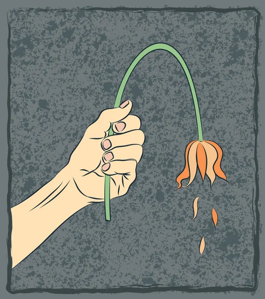 Illustrazione di Man Hand Holding Fiore appassito che mostra perdita di impotenza tristezza concetti di fallimento — Vettoriale Stock