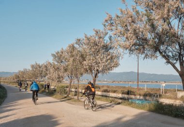 APRIL 2022 - cagliari - ITALY biker with mountain bike or mtb crossing the old bridge in The Park of Molentargius - Saline