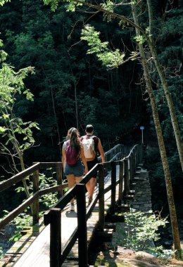 İki sevgili ya da turist yürüyüşü ya da ormanda asma ahşap bir köprüde yürüyüş.