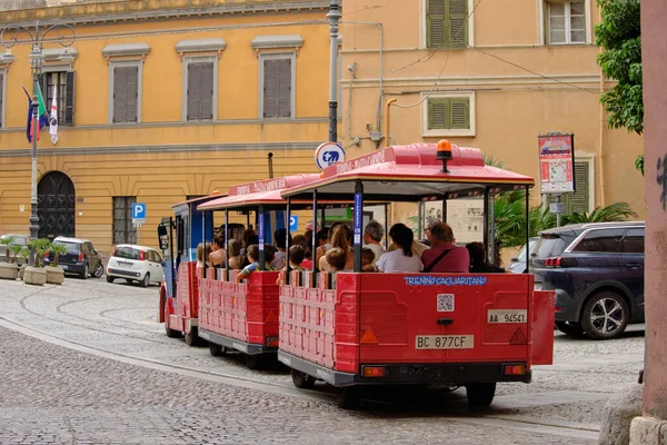 Little Touristic Red Train Journey City Cagliari Sardinia Italy 2022 — Foto de Stock