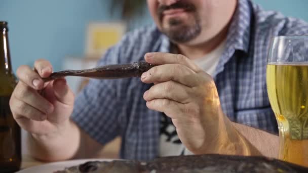 Hombre adulto con barba sostiene pescado seco en sus manos mientras bebe cerveza en un vaso mientras se relaja en casa — Vídeos de Stock