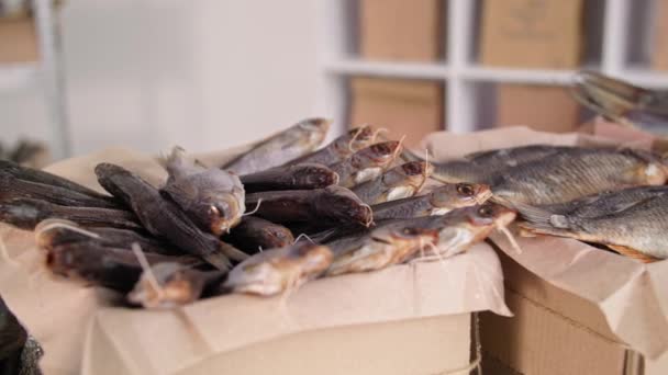 Pesca, cajas de deliciosos pescados salados para enviar a los clientes, primer plano — Vídeos de Stock