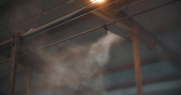 Микроклимат туман, промышленный увлажнитель распыляет частицы воды вокруг себя на потолке промышленного предприятия — стоковое видео
