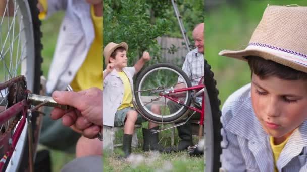 Amigable abuelo y nieto juntos se divierten reparando una rueda de bicicleta, collage — Vídeo de stock