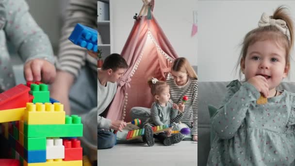 Gyermek fejlesztés, imádnivaló aranyos kislány játszik színes konstrukció készlet és a gyermekek hangszer szüleivel otthon, kollázs — Stock videók