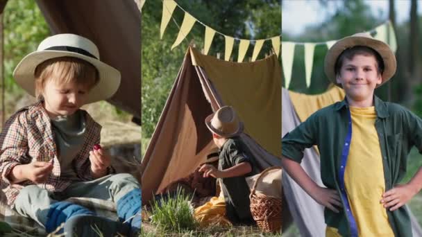 Sommarsemester, glada bröder som leker i tält samtidigt som de kopplar av på landsbygden, collage — Stockvideo