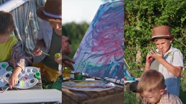 Kinderen creativiteit, schattige jongens schilderen met penselen en handen op een ezel terwijl outdoor recreatie tijdens de zomervakantie, collage — Stockvideo