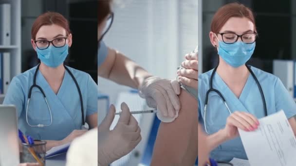 Pandemia, a jovem médica enquanto está a receber o doente administra uma vacina contra o coronavírus e mostra teste negativo, colagem — Vídeo de Stock