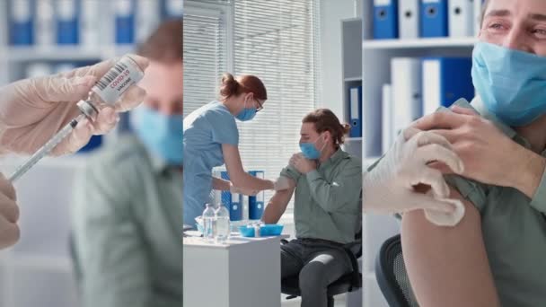 Covid vaccinatie, vrouwelijke arts die jonge patiënt vaccinatie geeft om dodelijk virus te voorkomen tijdens een pandemie in het ziekenhuiskantoor, collage — Stockvideo