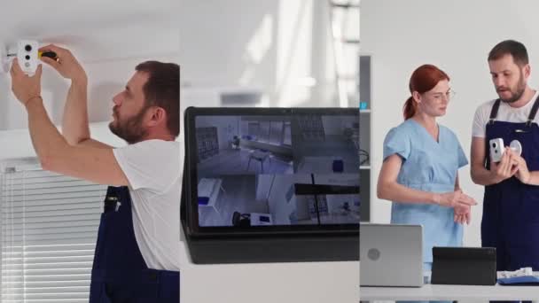 Multiekran, człowiek instaluje ukrytą kamerę w biurze, obraz pokoju na ekranie gadżetu z kamery wideo, mężczyzna pracownik mówi o pracy kamery monitoringu uścisk dłoni i punkt w górę, patrząc na — Wideo stockowe