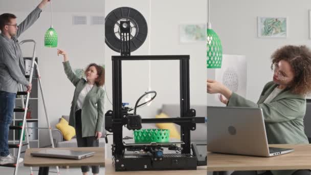 Junger Mann hängt 3D-Modell des Lampenschirms an die Decke, moderner 3D-Drucker druckt Prototyp eines 3D-Modells von einem Polierblock, junge Frau erstellt Attrappe zum Drucken mit Programm auf Laptop, Multiscreen — Stockvideo