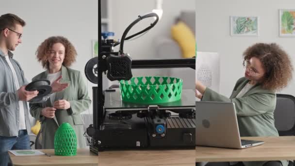 Современные технологии дома, молодые творческие женщины и мужчины инженеры дизайнеры печатают пластиковые изделия, разработанные в программе на ноутбуке на 3D принтере, коллаже — стоковое видео