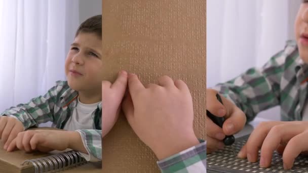 Collage, bambino con disabilità legge libro Braille mentre seduto a tavola a casa, primo piano — Video Stock