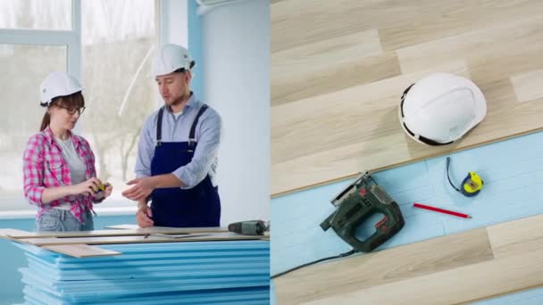 Construction, young woman and man in uniform and safety helmets lay laminate flooring on floor and measure size of boards with tape measure during home renovation, collage — Stock Video