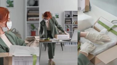 Karantina sırasında çalışan, tıbbi maskeli ve eldivenli güzel genç bir kadın müşterileri kolajla dolu bir mağazaya gönderebilmek için malzeme topluyor.