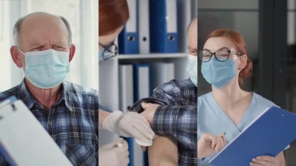 Коллаж, пожилой мужчина в медицинской маске при приеме женщины-врача делает инъекцию ковид-19 вакцины, пандемия — стоковое видео