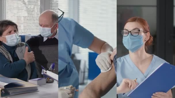 Gezondheidszorg, oudere echtparen met medische maskers op doktersafspraak, verpleegkundige die vaccinatie met injectiespuit geeft, collage — Stockvideo