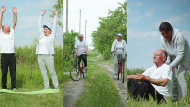 Pareja de ancianos casados lleva un estilo de vida activo haciendo ejercicios físicos, montar en bicicleta durante la recreación al aire libre, collage — Vídeo de stock