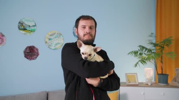 Love and friendship between human and animal, funny caucasian bearded man hugs his chihuahua dog and posing on camera on the background of flashing multicolored lights at home — Stock Video