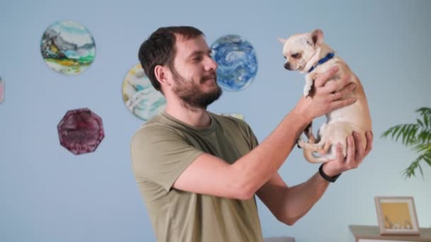Homem com espirros de alergia de lã, retrato de cara barbudo feliz segura o cachorro chihuahua em seus braços e posando na câmera em casa — Vídeo de Stock