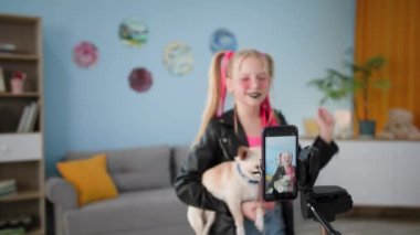 Renkli örgülü ve siyah dudaklı şık küçük kız cep telefonunda chihuahua köpeğiyle video kaydı yapıyor, blogcu çocuk internet için yeni bir moda çekiyor ve kamerada başparmağını gösteriyor
