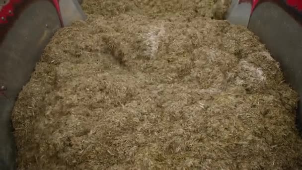 Landbouwmachines, moderne technologieën voor het malen en bereiden van mengvoeders uit kuilvoer van hooi en granen voor het voederen van melkkoeien op een veehouderij, bovenaanzicht — Stockvideo