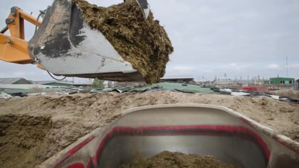 Preparação de alimentos para animais de alimentação, escavadeira balde derrama o composto alimentar em grande misturador, close-up de um processo de fazenda — Vídeo de Stock