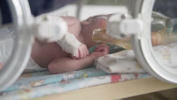 Здоровье, маленький беззащитный новорожденный ребенок после операции в кислородной маске находится в барокамере под наблюдением врачей, крупным планом — стоковое видео