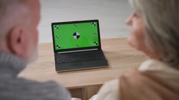 Technologies pour les personnes âgées, les grands-parents aux cheveux gris utilisent un ordinateur portable moderne avec écran vert, vue sur l'épaule — Video