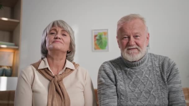 Ηλικιωμένο ζευγάρι που χρησιμοποιεί φορητό υπολογιστή, χαμογελαστοί παππούδες κουνάνε τα κεφάλια τους μαζί και κουνάνε τα χέρια τους στην κάμερα — Αρχείο Βίντεο