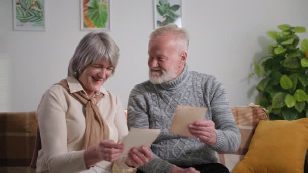 Nostalgia and memories of youth and childhood, happy gray-haired grandparents are looking at old photos sitting on sofa — Stockvideo