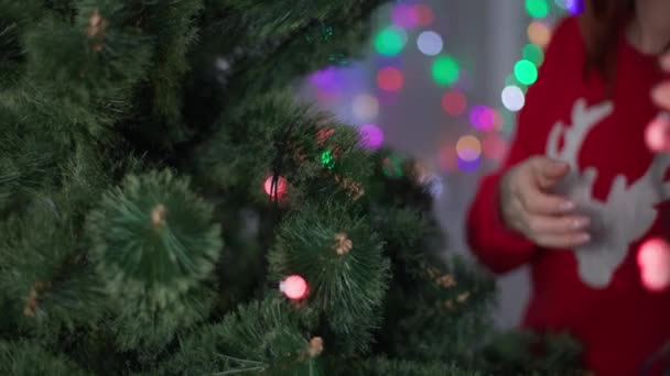 Крупный план девчачьих рук украшает елку яркими праздничными огнями, молодая женщина в красном свитере с оленем, готовящимся к новогоднему отпуску дома — стоковое видео