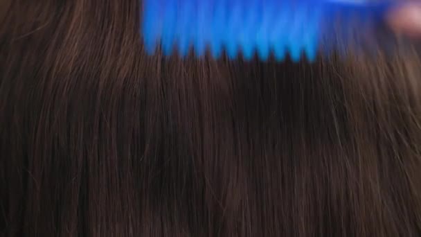 Salud y belleza, hermoso peine de pelo sano oscuro femenino con un peine, primer plano — Vídeo de stock