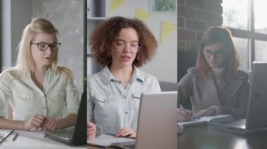 Evden işe gidip gelen, güzel kadınlar bilgisayar konferansı sırasında uzaktan çalışıyor ya da çalışıyor. İçeride oturuyor, kolaj yapıyor.