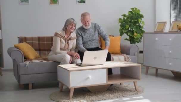 Komunikace na dálku, veselá stará žena a muž bavit komunikaci pomocí videokamery na notebooku s dětmi sedí doma — Stock video