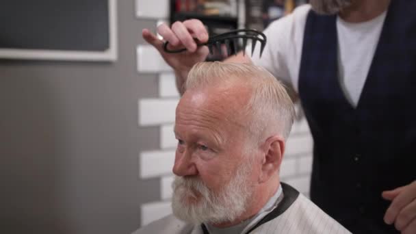 Barbiere professionista fa hair styling con un pettine ad un elegante cliente maschile formaggio con un parrucchiere — Video Stock