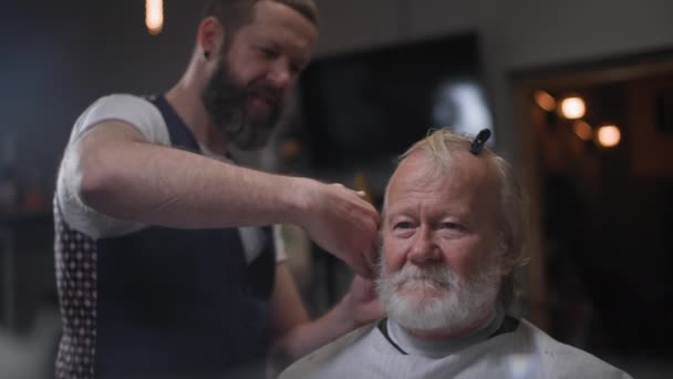 Portret przystojnego siwowłosego starszego mężczyzny z brodą obciętą przez fryzjera, profesjonalny fryzjer napina siwe włosy staremu klientowi za pomocą nożyczek w salonie — Wideo stockowe