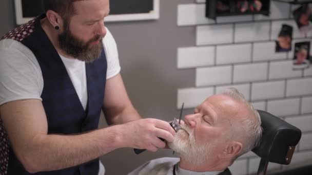 Cabeleireiro masculino moderno corta uma barba e bigode com uma ferramenta profissional para um cliente idoso em uma barbearia — Vídeo de Stock