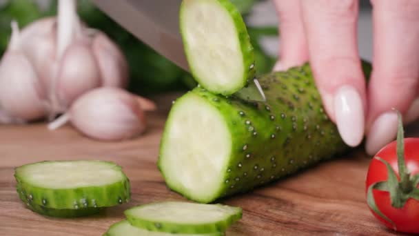 Food preparation process, female cook cuts fresh cucumber with kitchen knife on cutting board to prepare vegetarian dish, close-up — Stock Video