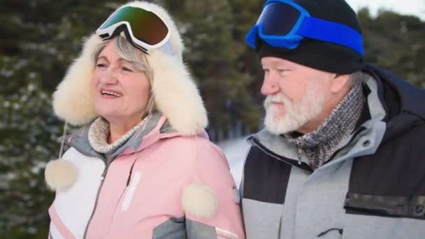 Αγάπη και κατανόηση μεταξύ ενός ηλικιωμένου ζευγαριού, συνταξιούχοι γελούν και μιλούν ενώ περπατούν μέσα στο δάσος του χειμώνα κοντά — Αρχείο Βίντεο