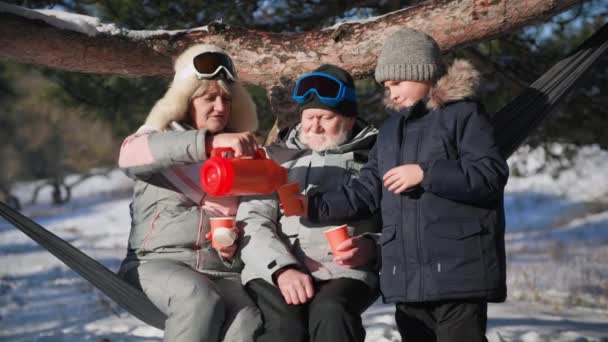 Бабушка с термосом наливает горячий чай в чашку, сидя на гамаке, счастливая пожилая пара проводит выходные с внуком в зимнем лесу — стоковое видео