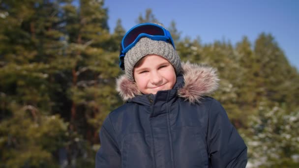 Portret uroczego chłopca w goglach narciarskich i kapelusz stoi tło drzew w zimowym lesie wśród śniegu uśmiechając się i patrząc w kamerę — Wideo stockowe