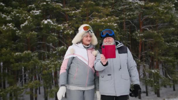 冬の森の中の暖かい服を着た老人と女性のためのエンターテイメントスマートフォンで雪の中で美しい風景を撮影 — ストック動画