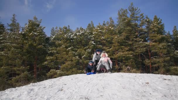 冬のアクティブなゲーム祖父母のいる幸せな少年は晴れた日に森の中の雪の丘をそり — ストック動画