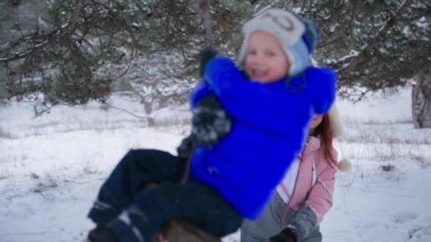 Carefree childhood, beautiful smiling woman rolls her cute male child on a swing near a tree while relaxing in the winter forest — Stock videók