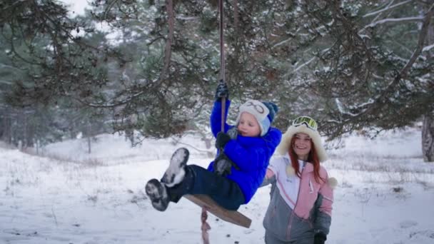 Vacaciones de invierno, sonriente padre femenino rueda niño varón feliz entre los árboles en el bosque en clima nevado — Vídeos de Stock