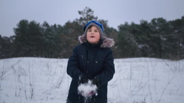 Cheerful winter, joyful male child in warm winter clothes throws snow background of trees in forest, smiles and looks at camera and shows class — Vídeos de Stock